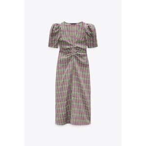 Zara Green Purple Plaid Print Puff Balloon Sleeve Ruched V-Neck Midi Dress (NWT)